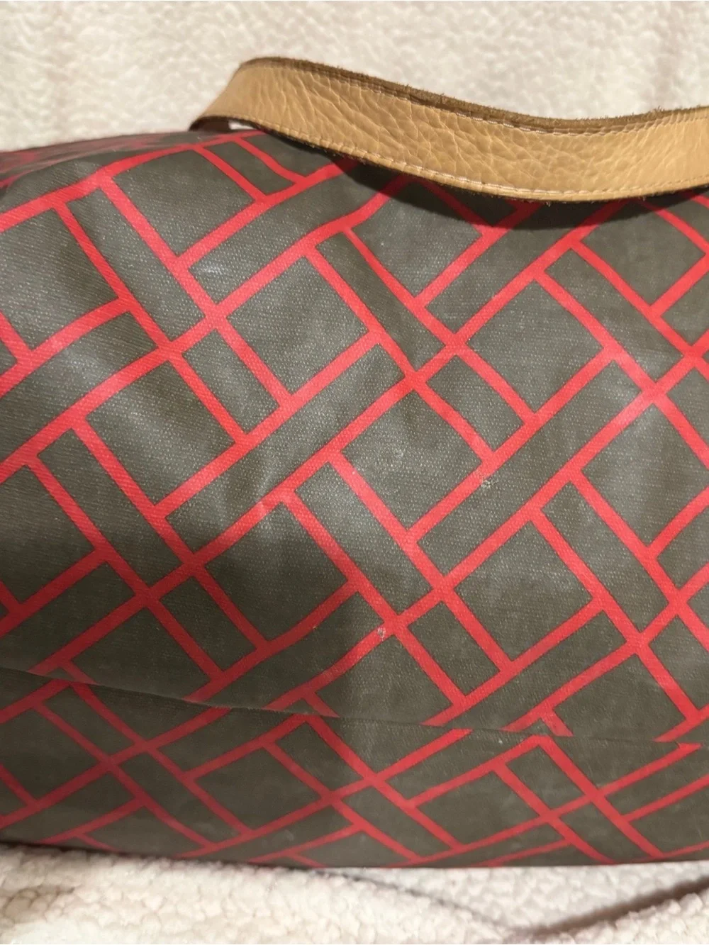 Ellen Tracy Brown Tote with Red Geometric Print and Tan Handles